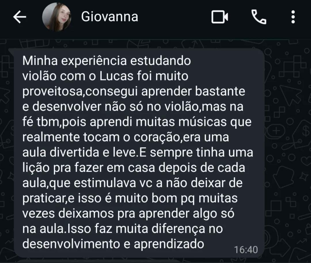 Depoimento de Giovanna sobre as aulas de violão